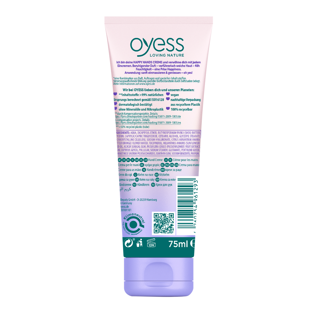 Die Rückseite der Kuststofftube in einem creme-zu-hell lila Verlauf mit dem Oyess Logo und den Informationen zur Handcreme 