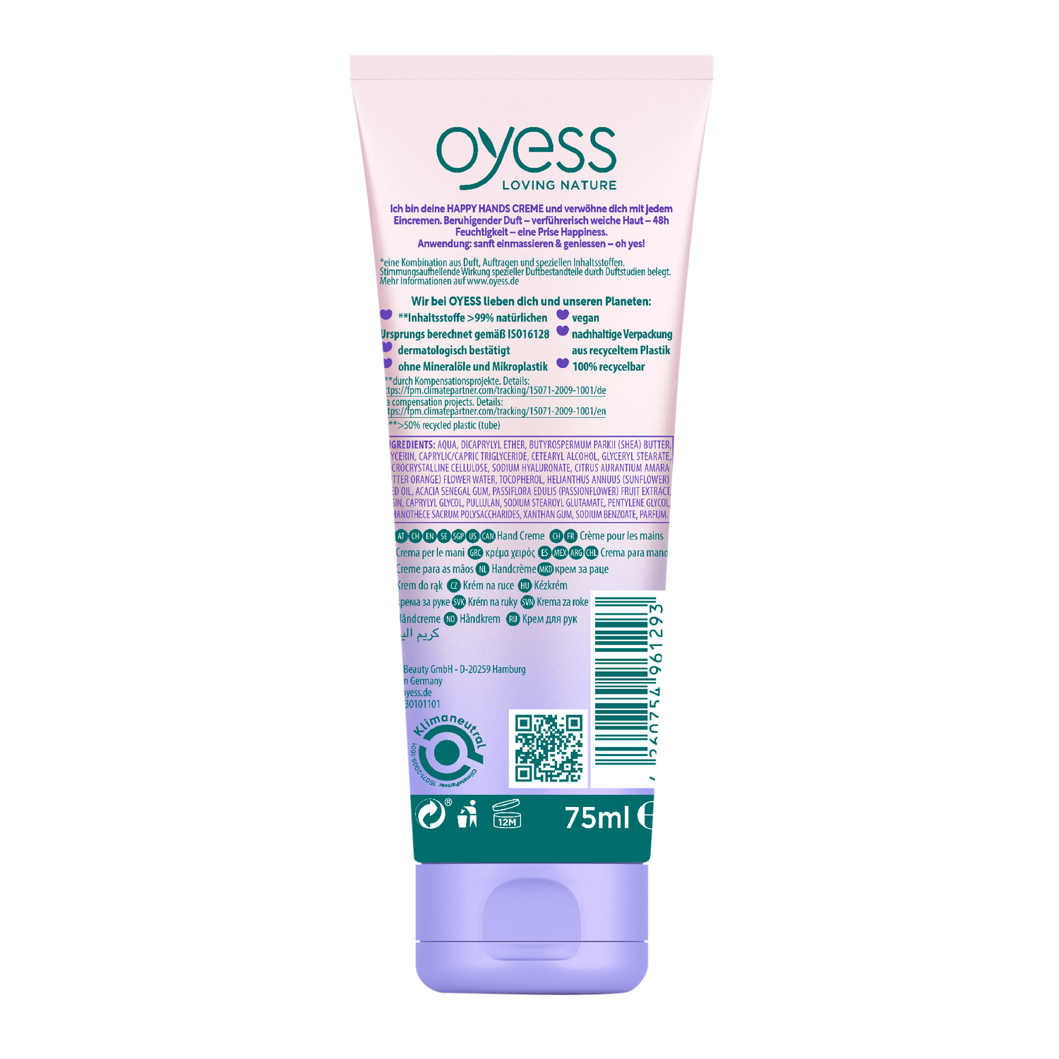 Die Rückseite der Kuststofftube in einem creme-zu-hell lila Verlauf mit dem Oyess Logo und den Informationen zur Handcreme 