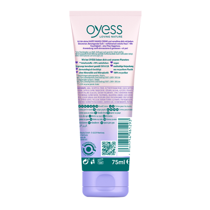 Die Rückseite der Kuststofftube in einem creme-zu-hell lila Verlauf mit dem Oyess Logo und den Informationen zur Handcreme 