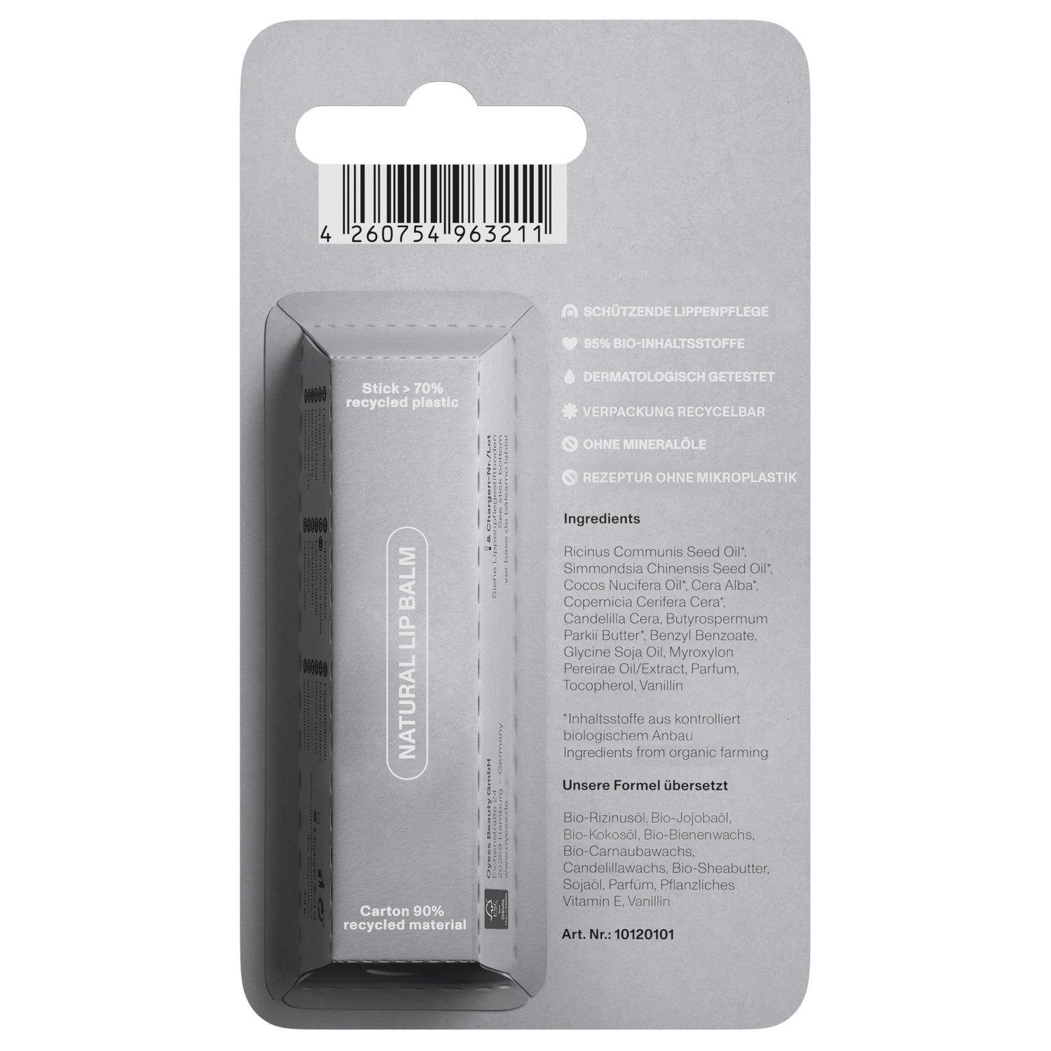 Abbildung der grauen Rückseite der Verpackung des Lippenpflegestiftes 