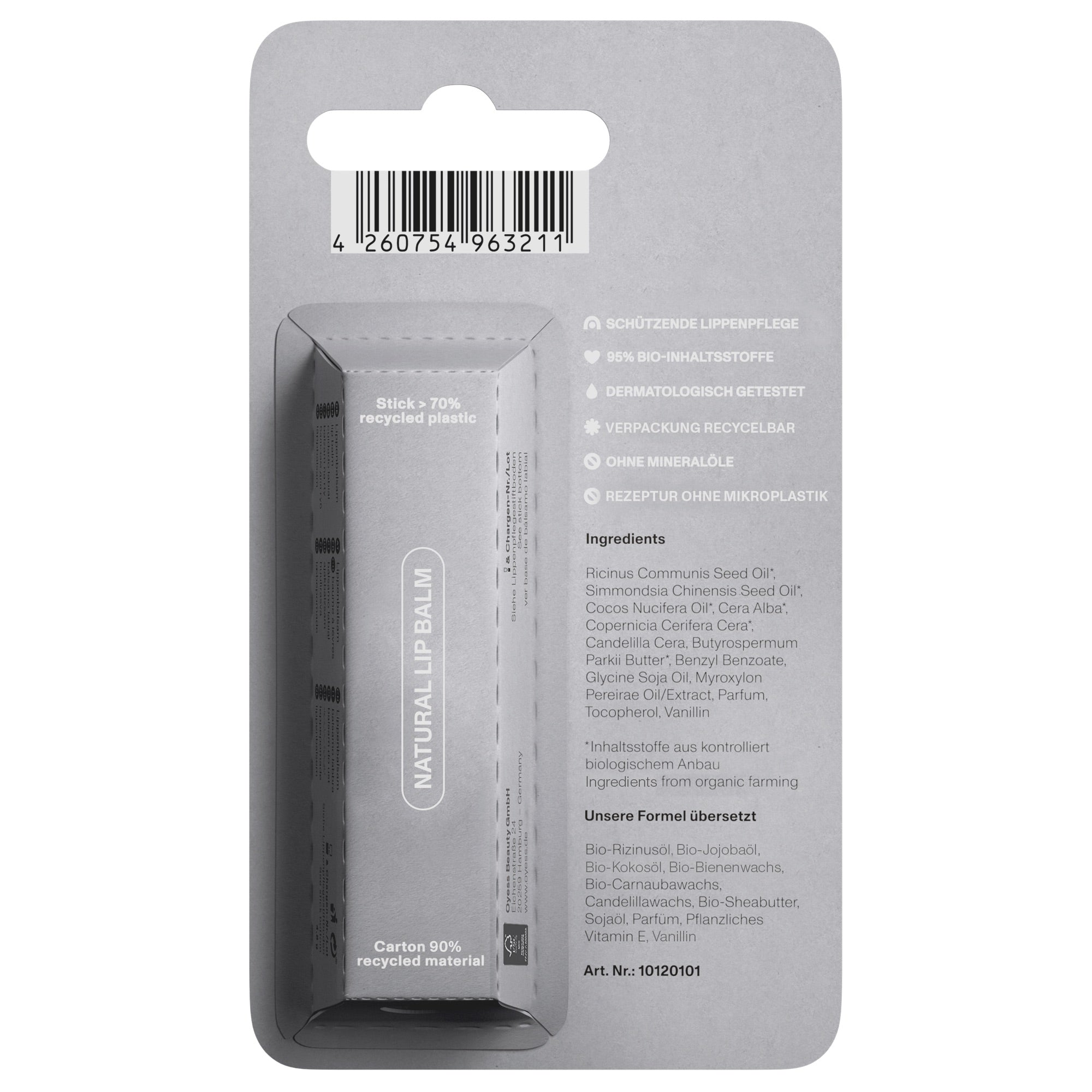 Abbildung der grauen Rückseite der Verpackung des Lippenpflegestiftes 