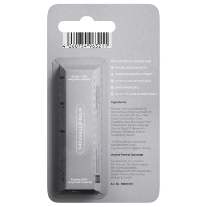 Abbildung der grauen Rückseite der Verpackung des Lippenpflegestiftes 