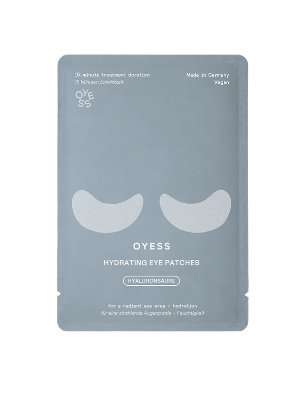 rechteckige Verpackung für OYeSS Eye Patches in hellblau-grau mit 2 Augenmasken abgebildet auf der Vorderseite 