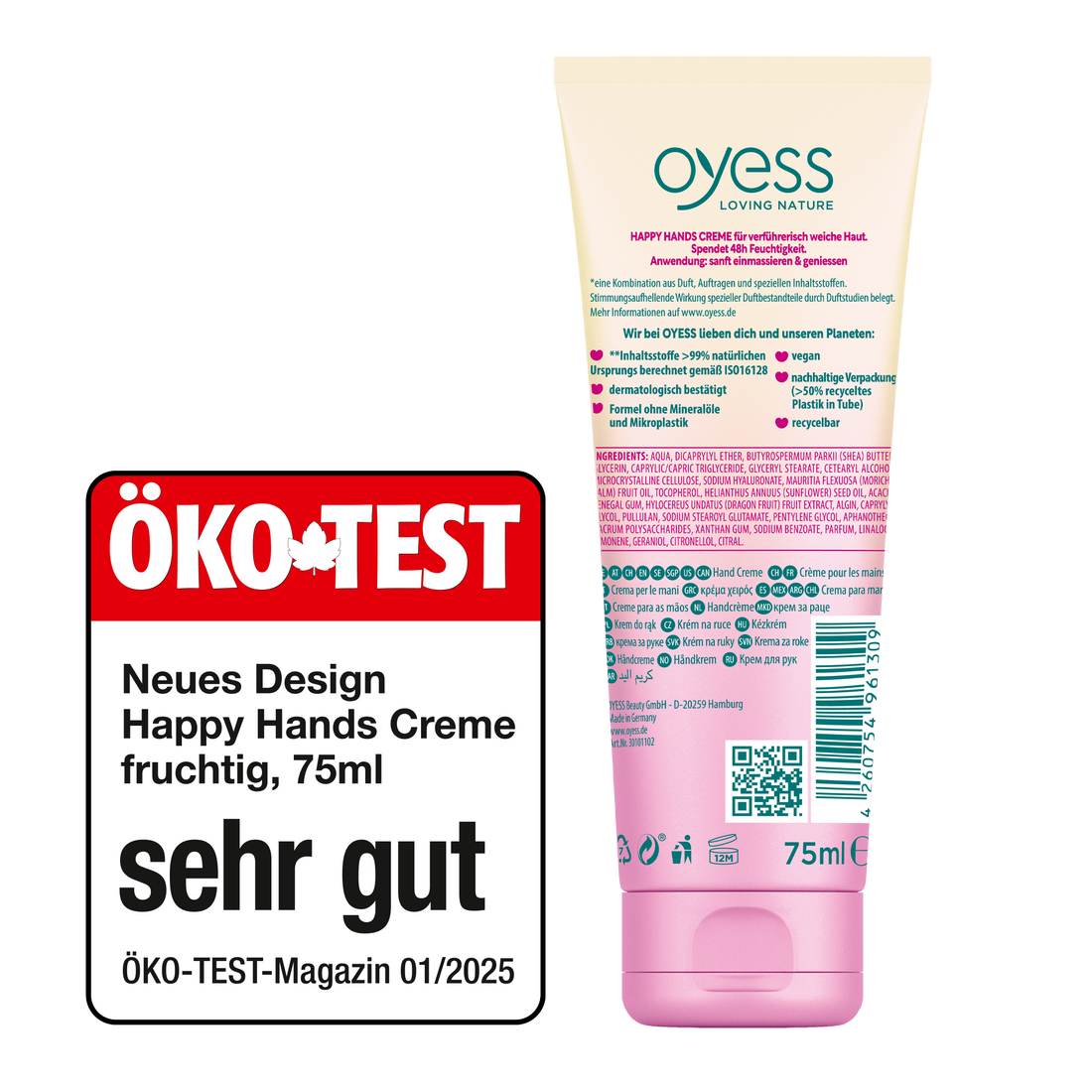 Die Rückseite der Kuststofftube in einem creme-zu-pink Verlauf mit dem Oyess Logo und Informationen, Inhaltstoffen zusammen mit dem Öko-Test-Siegel sehr-gut aus dem Magazin 01/2025