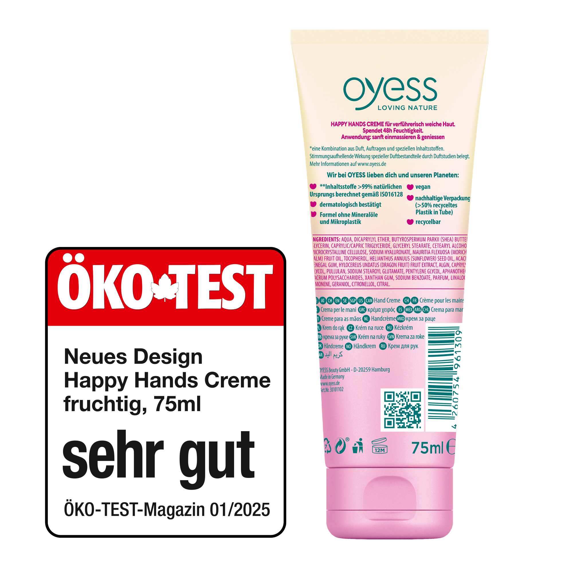 Die Rückseite der Kuststofftube in einem creme-zu-pink Verlauf mit dem Oyess Logo und Informationen, Inhaltstoffen zusammen mit dem Öko-Test-Siegel sehr-gut aus dem Magazin 01/2025