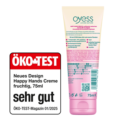 Die Rückseite der Kuststofftube in einem creme-zu-pink Verlauf mit dem Oyess Logo und Informationen, Inhaltstoffen zusammen mit dem Öko-Test-Siegel sehr-gut aus dem Magazin 01/2025