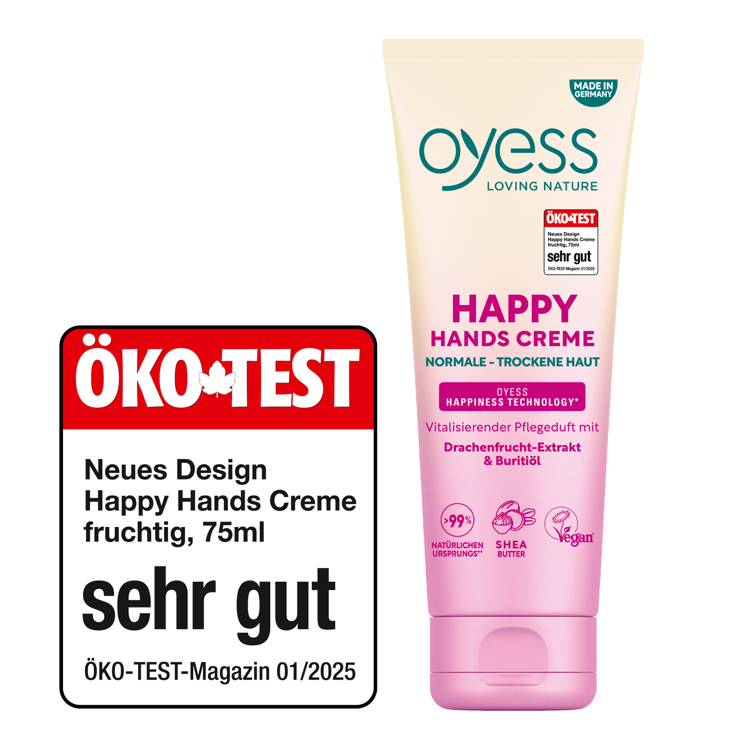 Die Vorderseite der Kuststofftube in einem creme-zu-pink Verlauf mit dem Oyess Logo und den Informationen zur Handcreme mit Drachenfrucht-Extrakt und Buritiöl zusammen mit dem Öko-Test-Siegel sehr-gut aus dem Magazin 01/2025