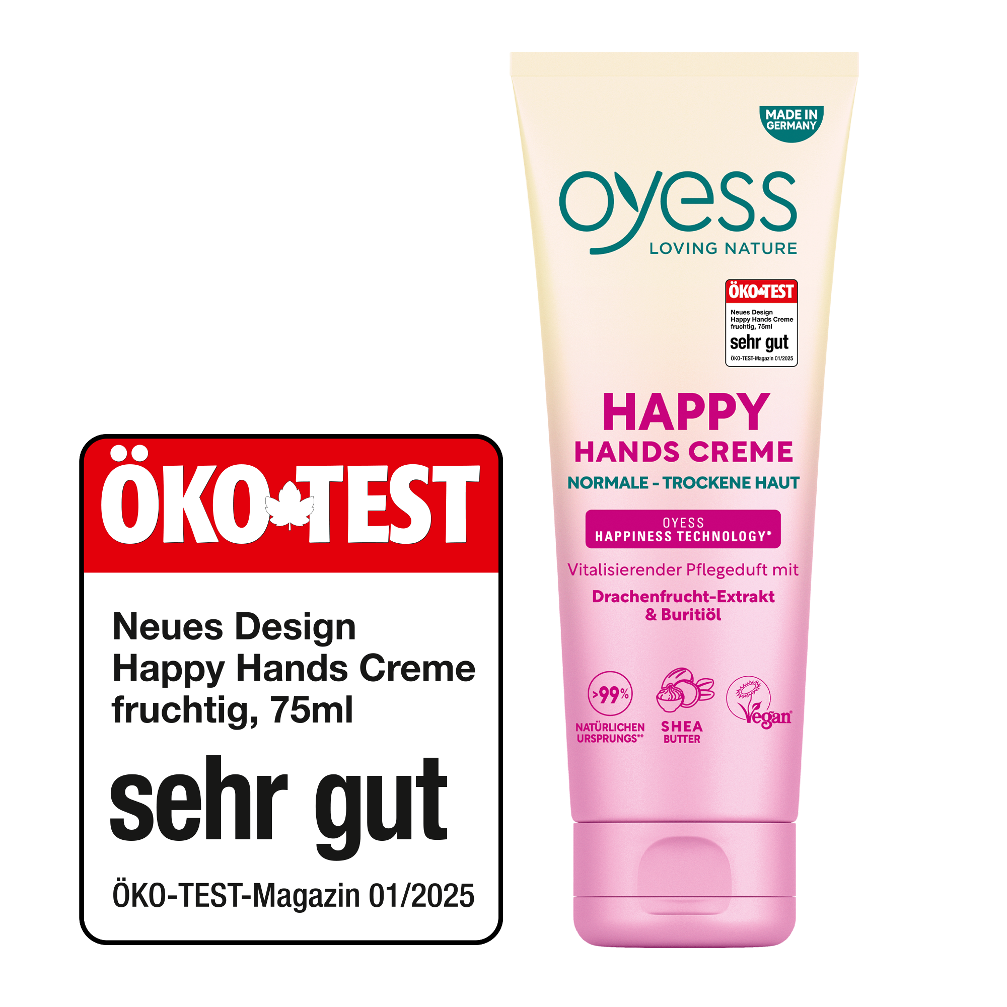 Die Vorderseite der Kuststofftube in einem creme-zu-pink Verlauf mit dem Oyess Logo und den Informationen zur Handcreme mit Drachenfrucht-Extrakt und Buritiöl zusammen mit dem Öko-Test-Siegel sehr-gut aus dem Magazin 01/2025