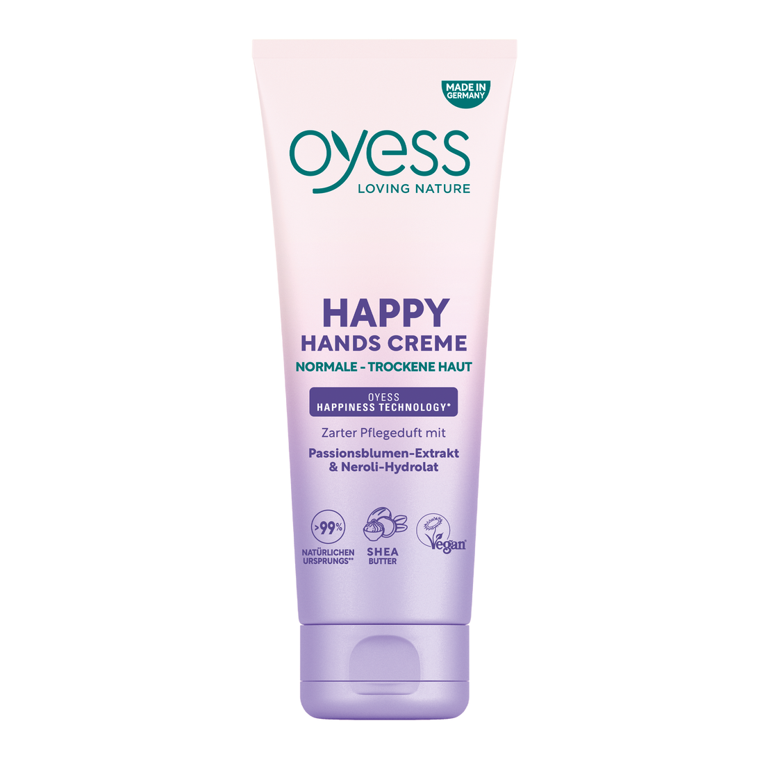 Die Vorderseite der Kuststofftube in einem creme-zu-hell lila Verlauf mit dem Oyess Logo und den Informationen zur Handcreme mit Passionsblumen-Extrakt &amp; Neroli-Hydrolat