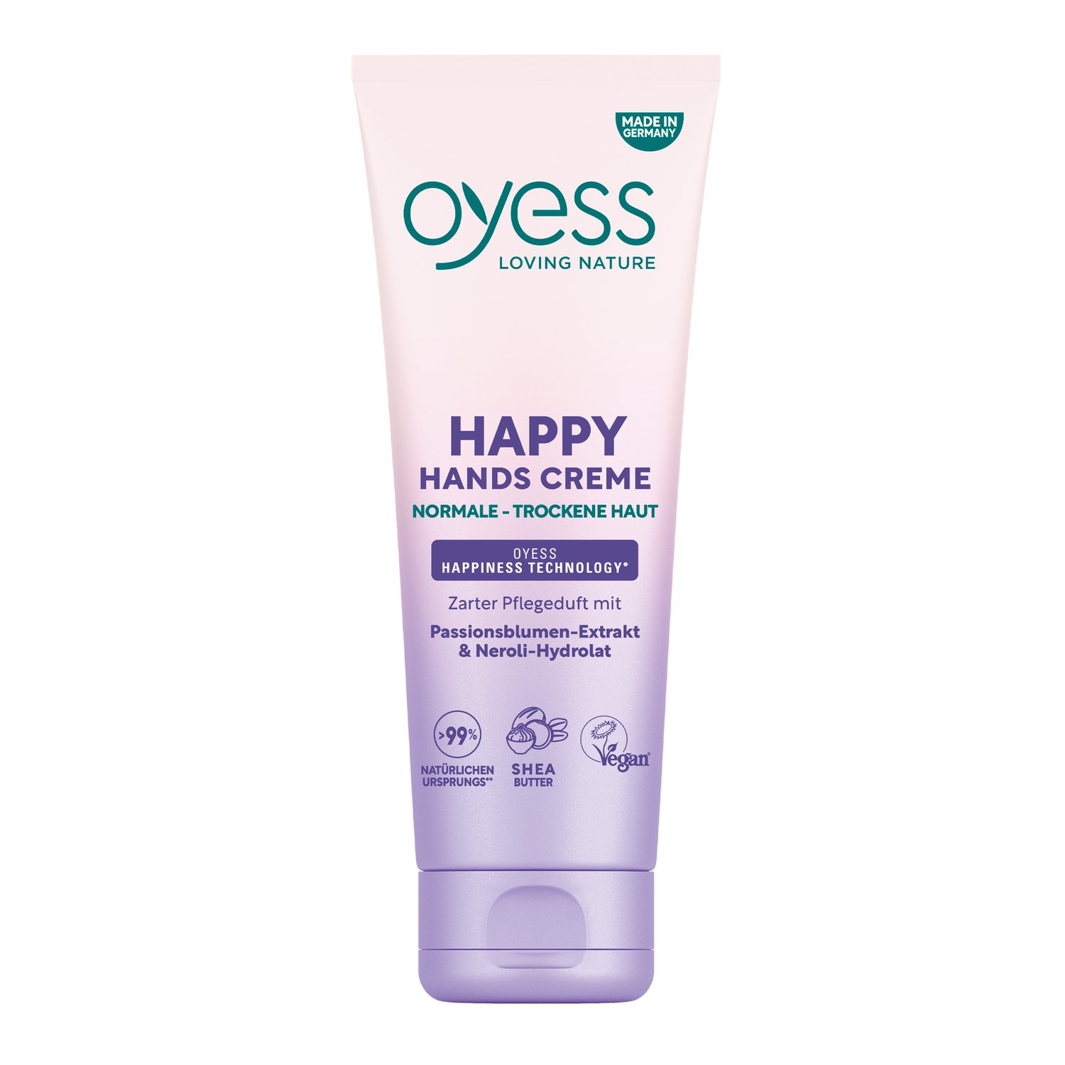 Die Vorderseite der Kuststofftube in einem creme-zu-hell lila Verlauf mit dem Oyess Logo und den Informationen zur Handcreme mit Passionsblumen-Extrakt &amp; Neroli-Hydrolat