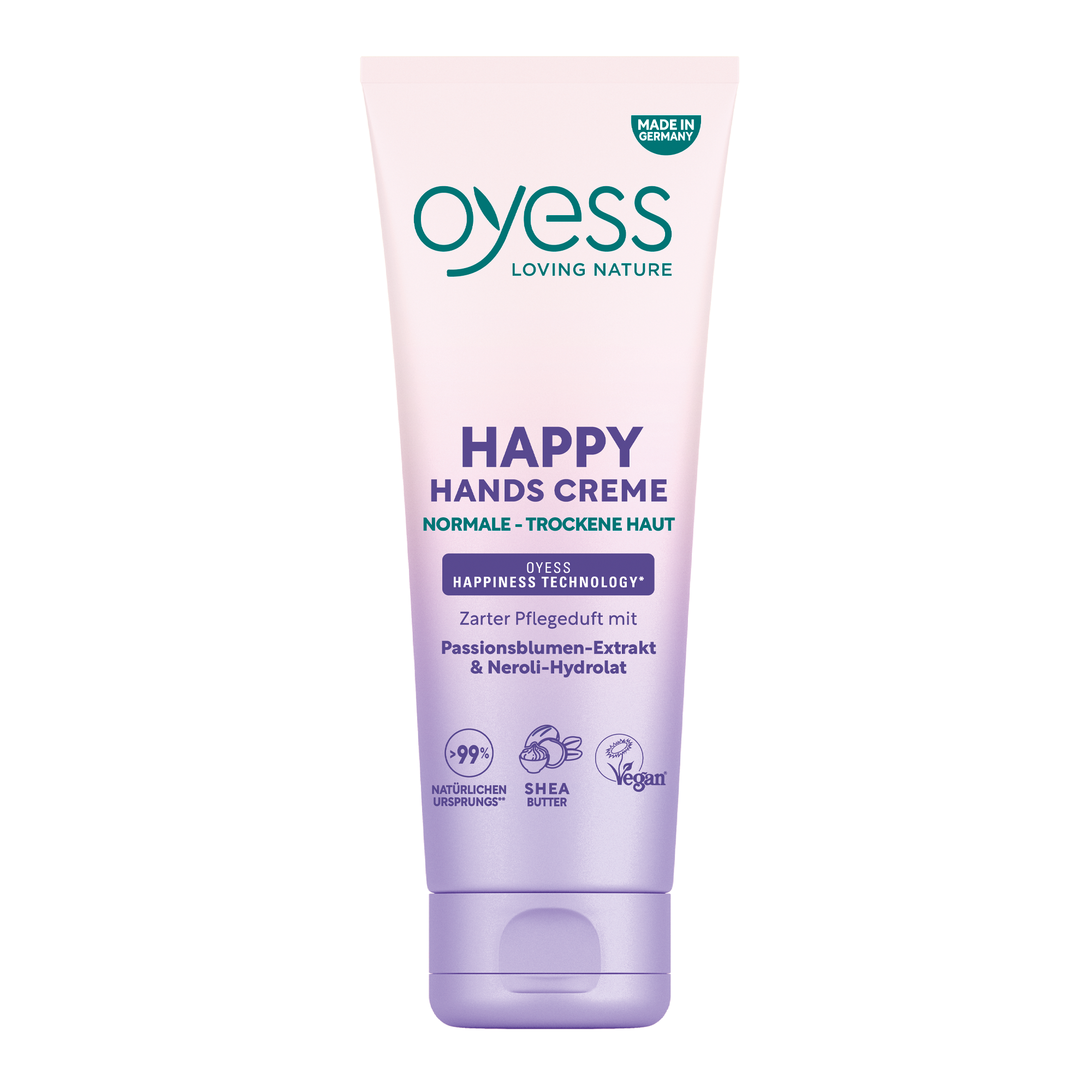 Die Vorderseite der Kuststofftube in einem creme-zu-hell lila Verlauf mit dem Oyess Logo und den Informationen zur Handcreme mit Passionsblumen-Extrakt &amp; Neroli-Hydrolat