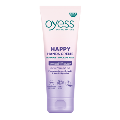 Die Vorderseite der Kuststofftube in einem creme-zu-hell lila Verlauf mit dem Oyess Logo und den Informationen zur Handcreme mit Passionsblumen-Extrakt &amp; Neroli-Hydrolat