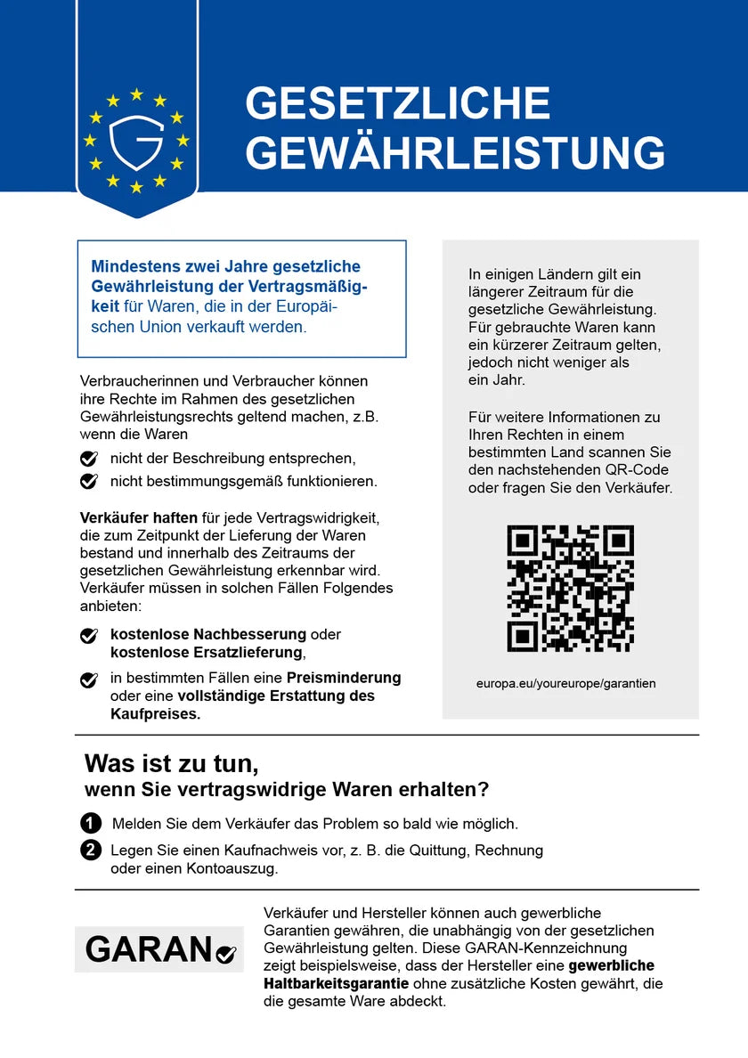 Gesetzliche Gewährleistung: mindestens zwei Jahre auf die Vertragsmäßigkeit der Ware. Klicken für weitere Informationen.